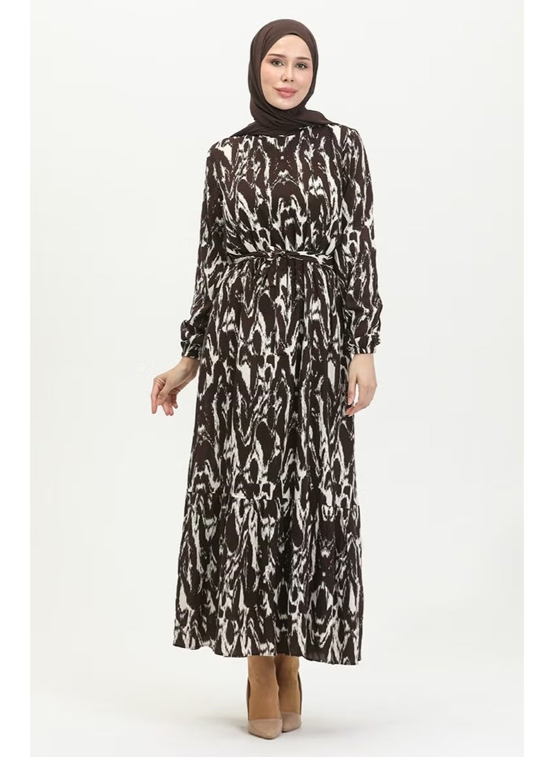 Sefa Merve Women's Viscose Patterned Belted Dress - Brown - Image 3